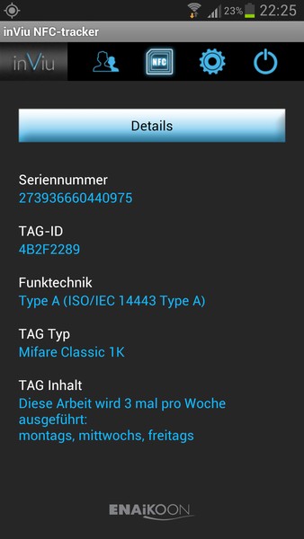 inViu NFC-tracker Hauptbildschirm